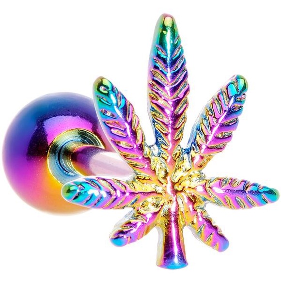 14G Titanium Tongue Barbell - Pot Leaf - Picture 2 of 3